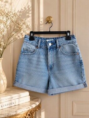 H&M High Rise Denim Shorts | Light Wash | Rolled Hem